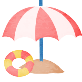 夏の浮き輪とパラソルのイラスト